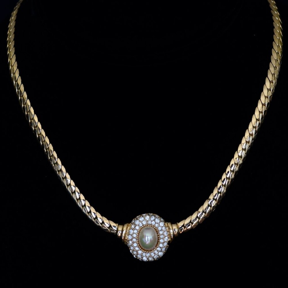 Christian Dior Faux Pearl & Crystal Vintage Necklace - Signed